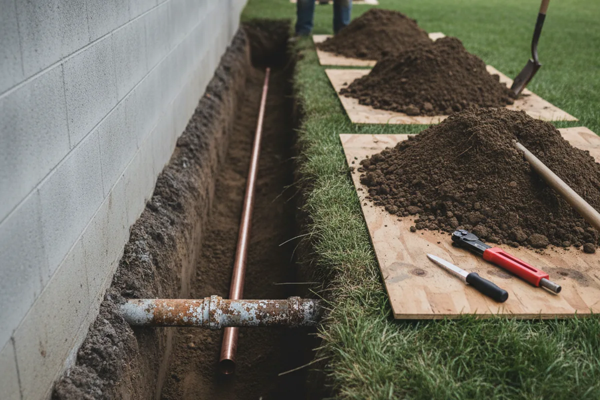 Excavated water line trench during Sewer Line Repair in Danciger